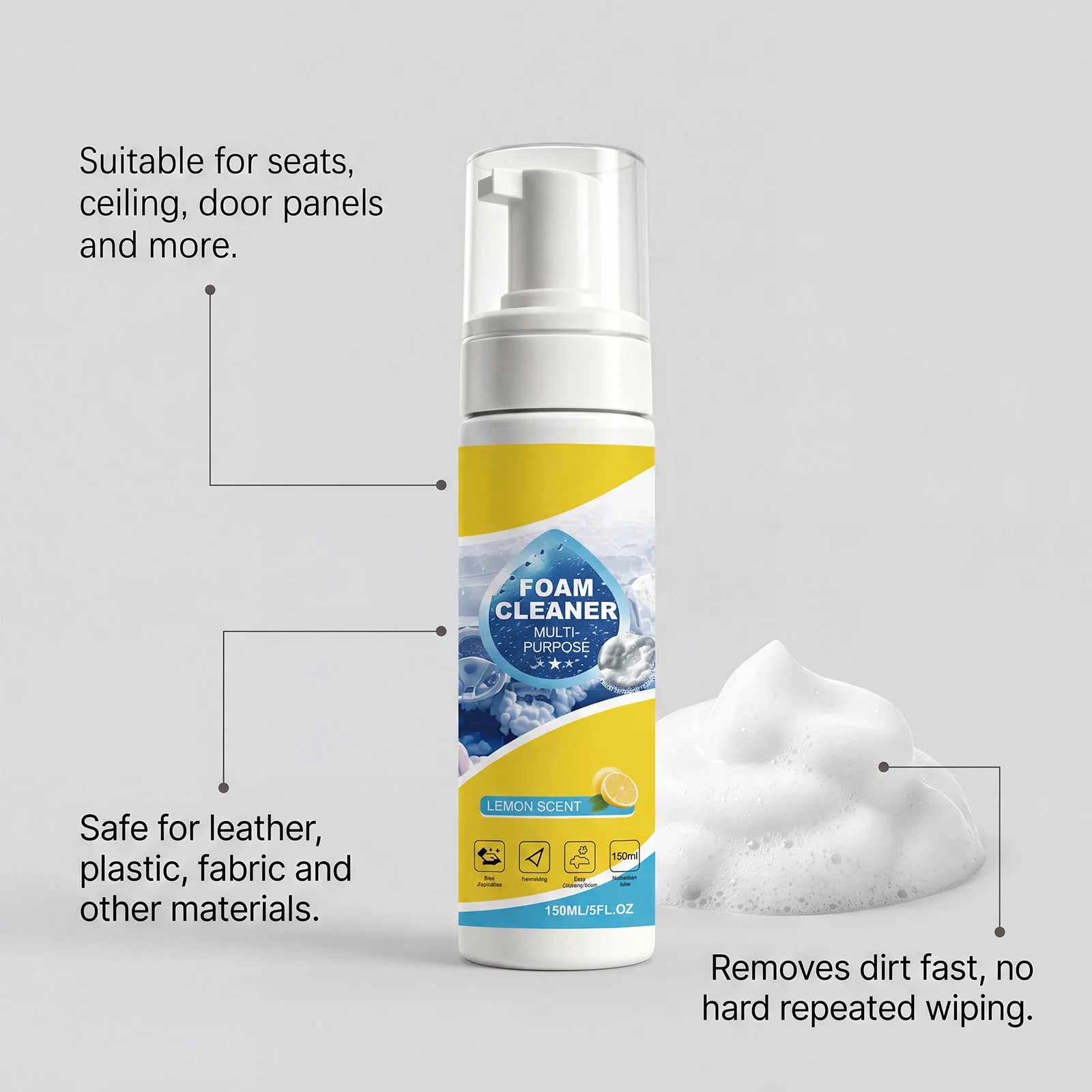 Multi Purpose Foam Cleaner Kit Deep Stain Removal No Scrub Car Interior Exterior Cleaner Dense Foam Quick Dry No Residue 150ml Oasis Select