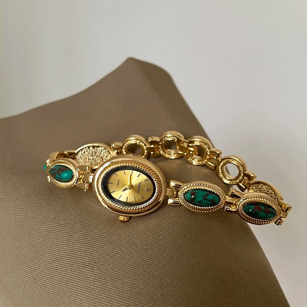 New Colored Gemstones Ladies Watch Oval Luxury Quartz Watch Gift Elegant Wristwatch Oasis Select Dark Green