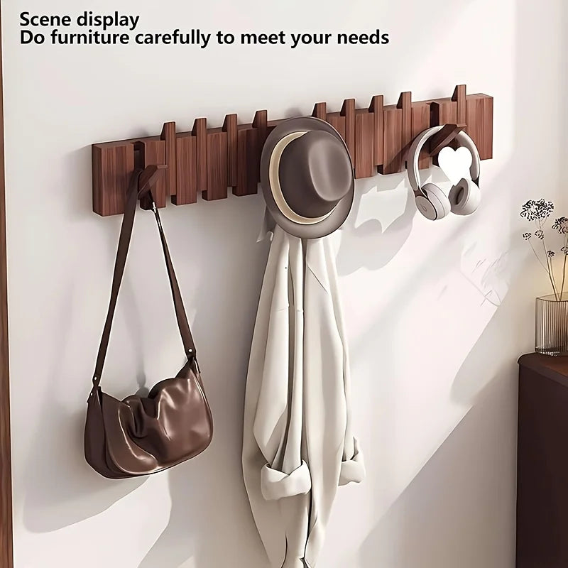A Wooden Coat Rack with 4/6 Hooks, Featuring a Wall-mounted Piano Key Design and Foldable Hooks,Multifunctional Household Hook Oasis Select