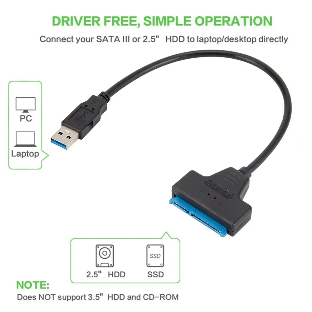 1PC SATA to USB 3.0 Cable Up to 6 Gbps for 2.5 Inch External HDD SSD Hard Drive SATA 3 22 Pin Adapter USB 3.0 to Sata III Cord Oasis Select