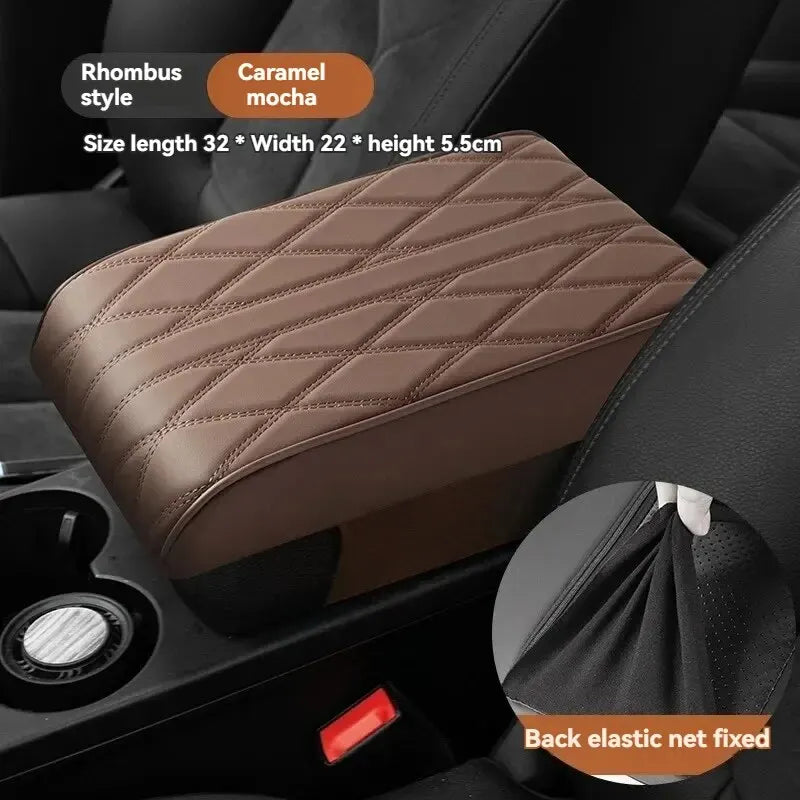 Wave Embroidery PU Leather Car Armrest Mat, Center Console Armrest Protection Cushion with Storage, Universal Auto Armrest PadWa Oasis Select BROWN PU Four Seasons