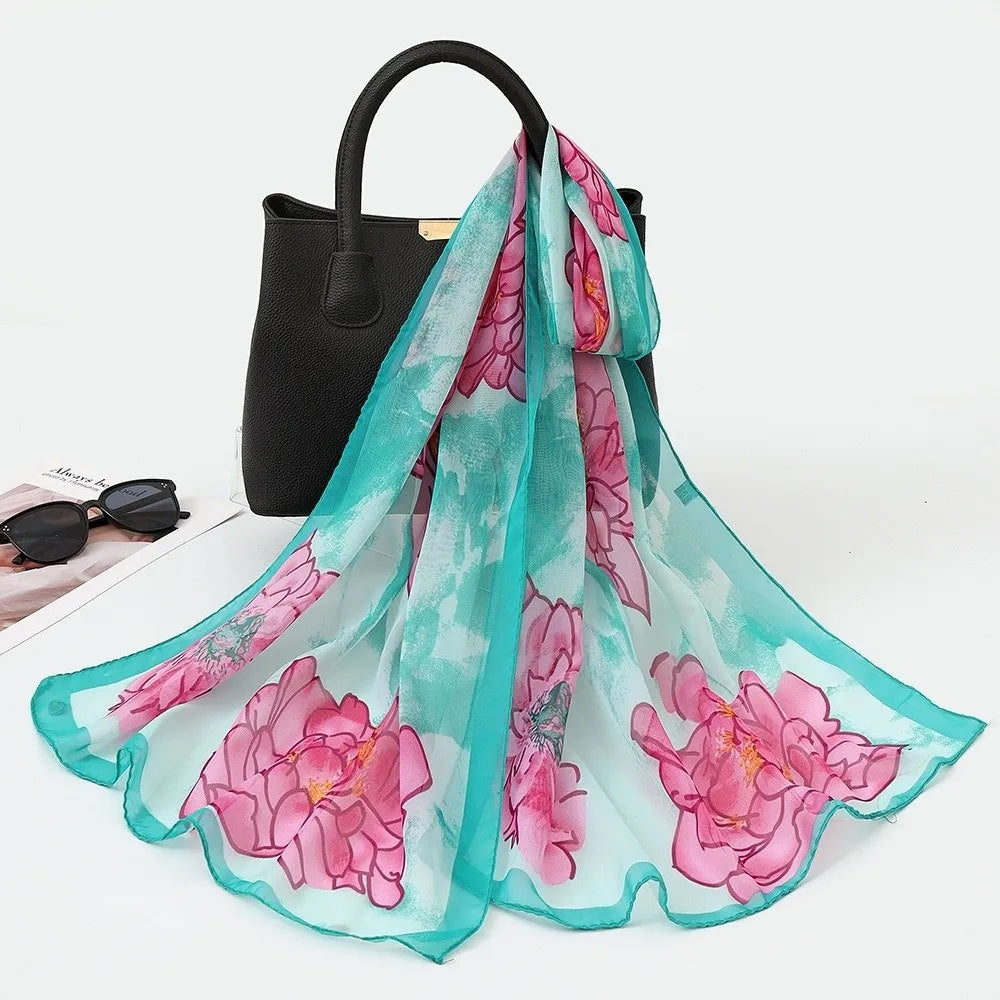 Gifts Chiffon Printed Silk Scarf Floral Lotus Thin Beach Travel Photography Shawl Breathable Long Silk Scarf Oasis Select 5