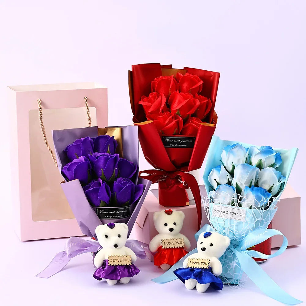 Romantic Fake Rose Bouquet in Gift Box with Cute Teddy Bear Premium Soap Flower Arrangement Perfect Gift for Valentine's Day Oasis Select