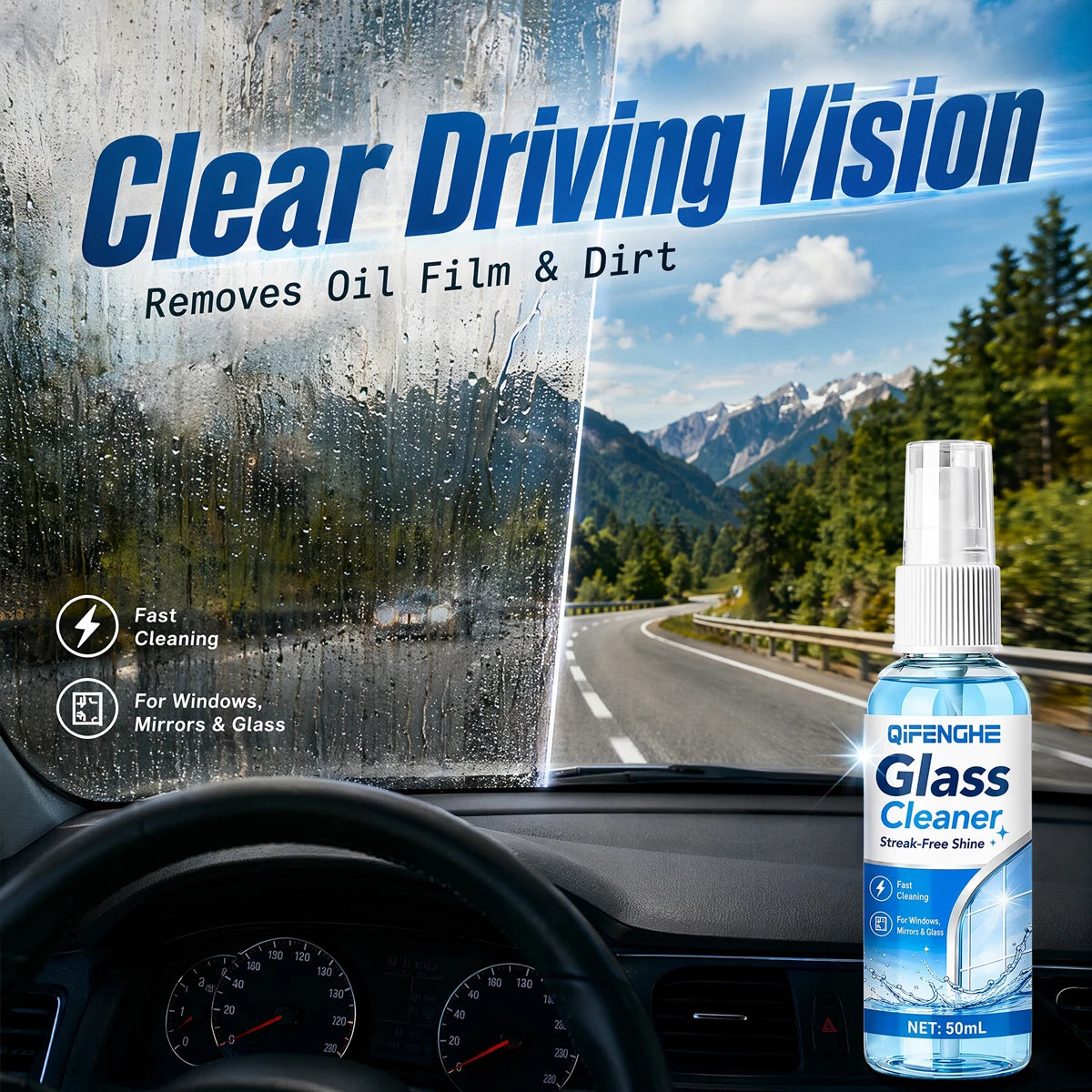 50ml Streak-Free Car Glass Cleaner Spray | Oil Film Remover