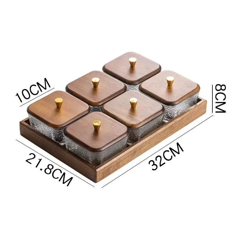 High-grade Solid Wood Glass Fruit Tray Bowl Household Living Room Tea Table Points Snack Candy Dry Fruit Tray Snack Nut Box Oasis Select 6-grid covered