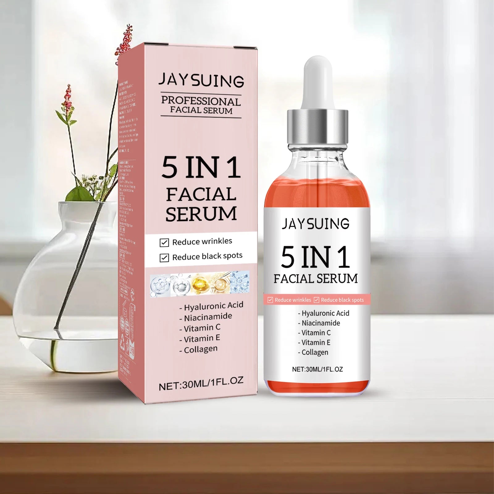 5 In 1 Face Serum Hyaluronic Acid Moisturizing Whitening Anti Wrinkle Aging Vitamin C Fade spots Shrink Pores Skin Care 30ml Oasis Select