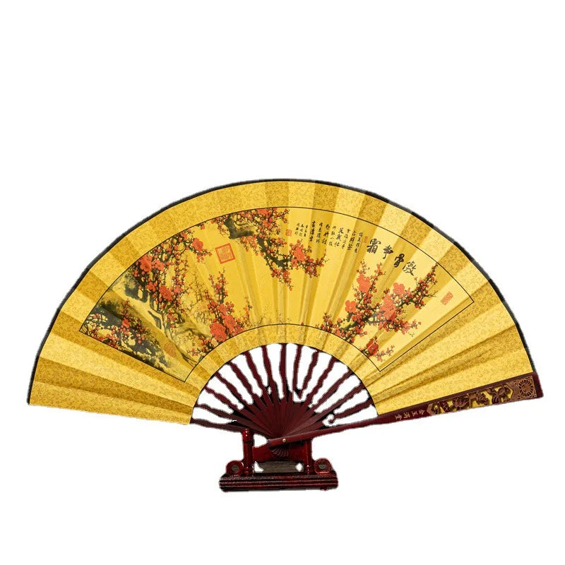Premium Chinese Style Folding Fan Head Bamboo Double-Sided Silk Fabric Intricate Carved & Hollow Men's Fan Oasis Select