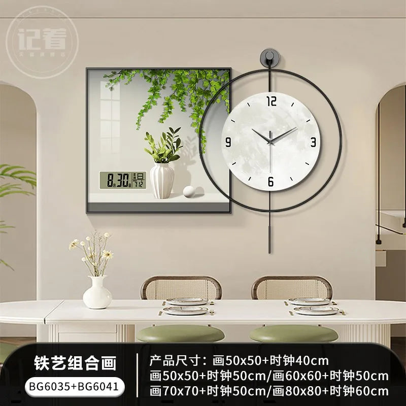 Simple Green Plant Perpetual Calendar Electronic Clock Guest Restaurant Decorative Painting Iron Combination Wall Clock Oasis Select BG6035 BG6041 60x60 clock 50cm