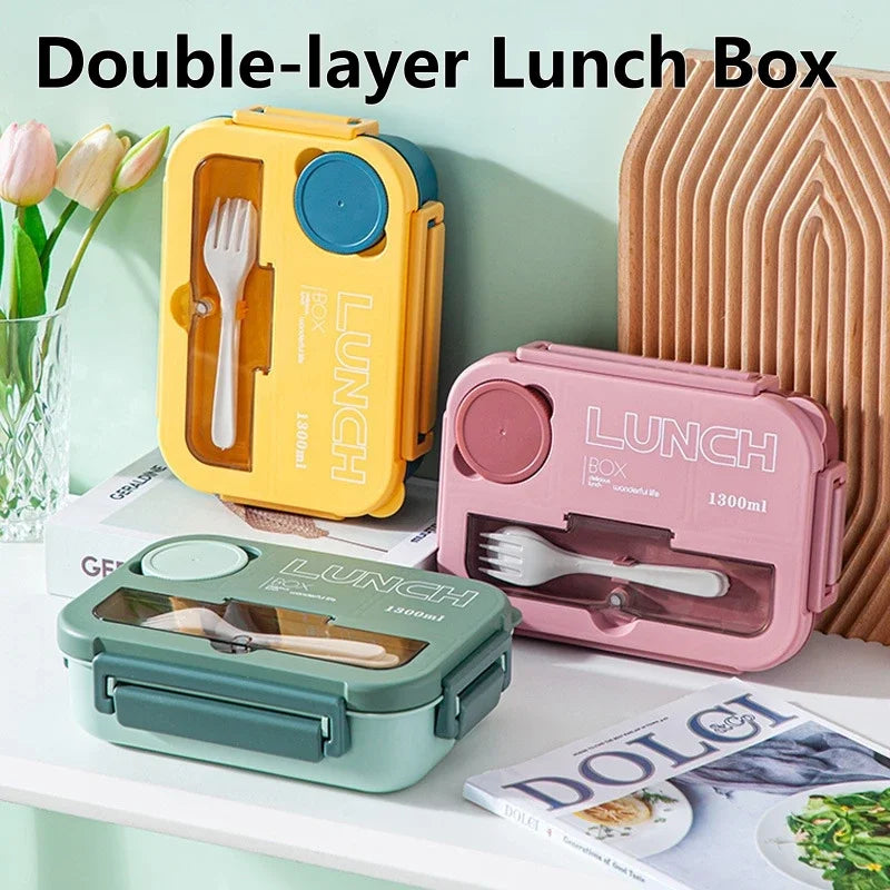 Student Lunch Box Double-layer Portable Compartment with Lids Leak-Proof Microwave Food Storage Carrying Handle Bento Boxes Oasis Select