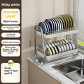 Kitchen Bowl Rack Drain Rack Stainless Steel Tableware Plate Storage Shelf Milk White Household Multifunctional Countertop Oasis Select White double layer
