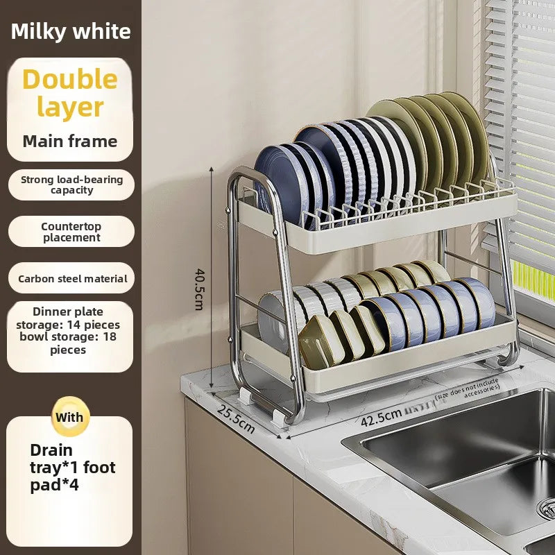 Kitchen Bowl Rack Drain Rack Stainless Steel Tableware Plate Storage Shelf Milk White Household Multifunctional Countertop Oasis Select White double layer