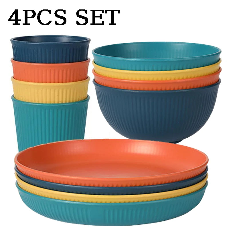 4pcs Wheat Straw Dinnerware Set Eco-friendly Safety Plates Cups Bowels Home Party Tableware Set Outdoor Camp Candy Colour Gift Oasis Select