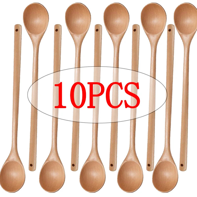 Long Handle Wooden Stirring Spoons – 13" Natural Wood Set Wooden Cooking Spoon Oasis Select 10pcs Light color