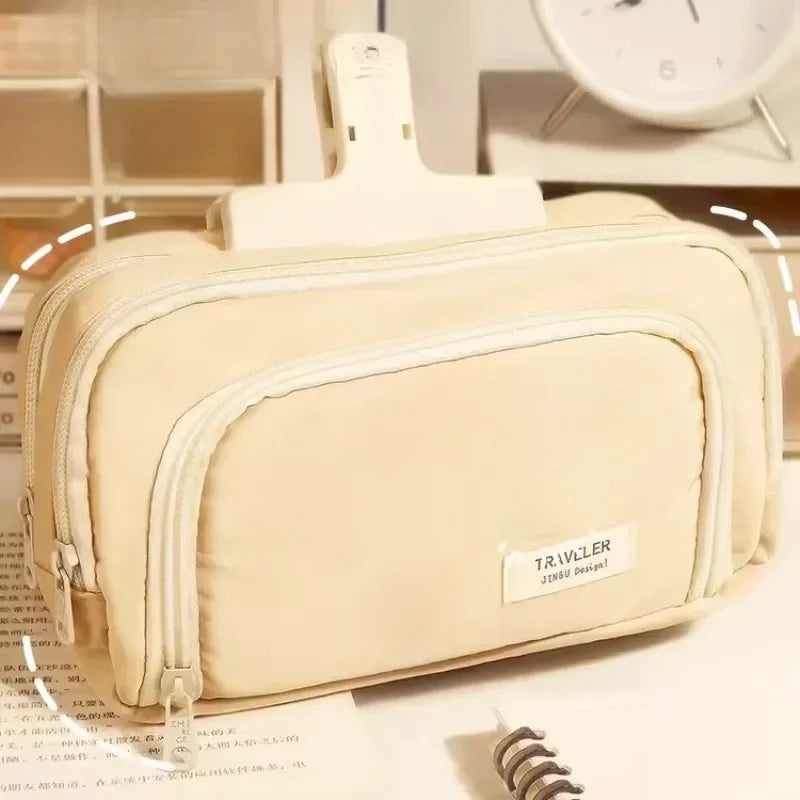 Japanese Minimalist Pencil Case Large Capacity Oxford Fabric Student Pouch for School Girl Teens Middle High School Supplies Oasis Select A-beige