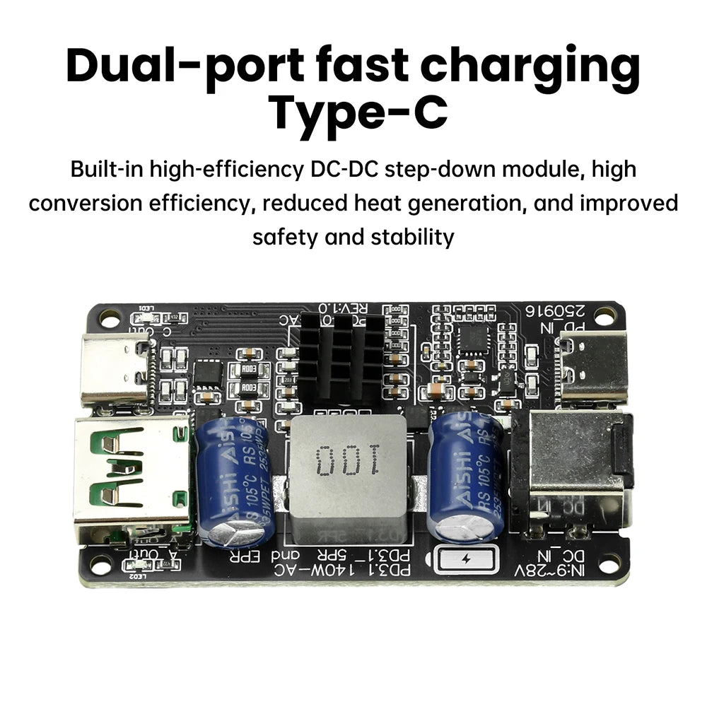 PD 140W High-power DC Buck Dual Port Fast Charging Module Type-C USB Charger Full Protocol Fast Charging PD3.1 QC3.0 QC4 QC4+ Oasis Select