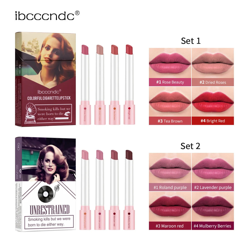 4PCS/Set Matte Long Lasting Waterproof Creative Cigarette Lipstick Set Matt Lip Stick Tube Nude Red Velvet Lip Tint Makeup Oasis Select
