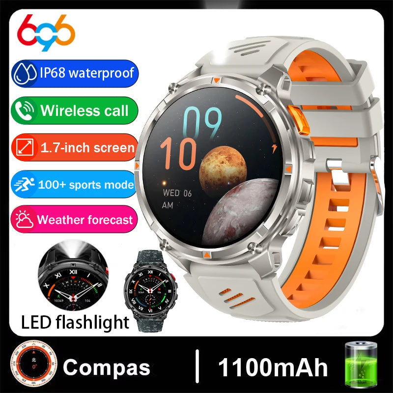 Smartwatch 1.7-inch 1100mAh Battery Outdoor Smart Watch Men Women LED Flashlight BT Call Sport Compass Health Monitor Waterproof Oasis Select