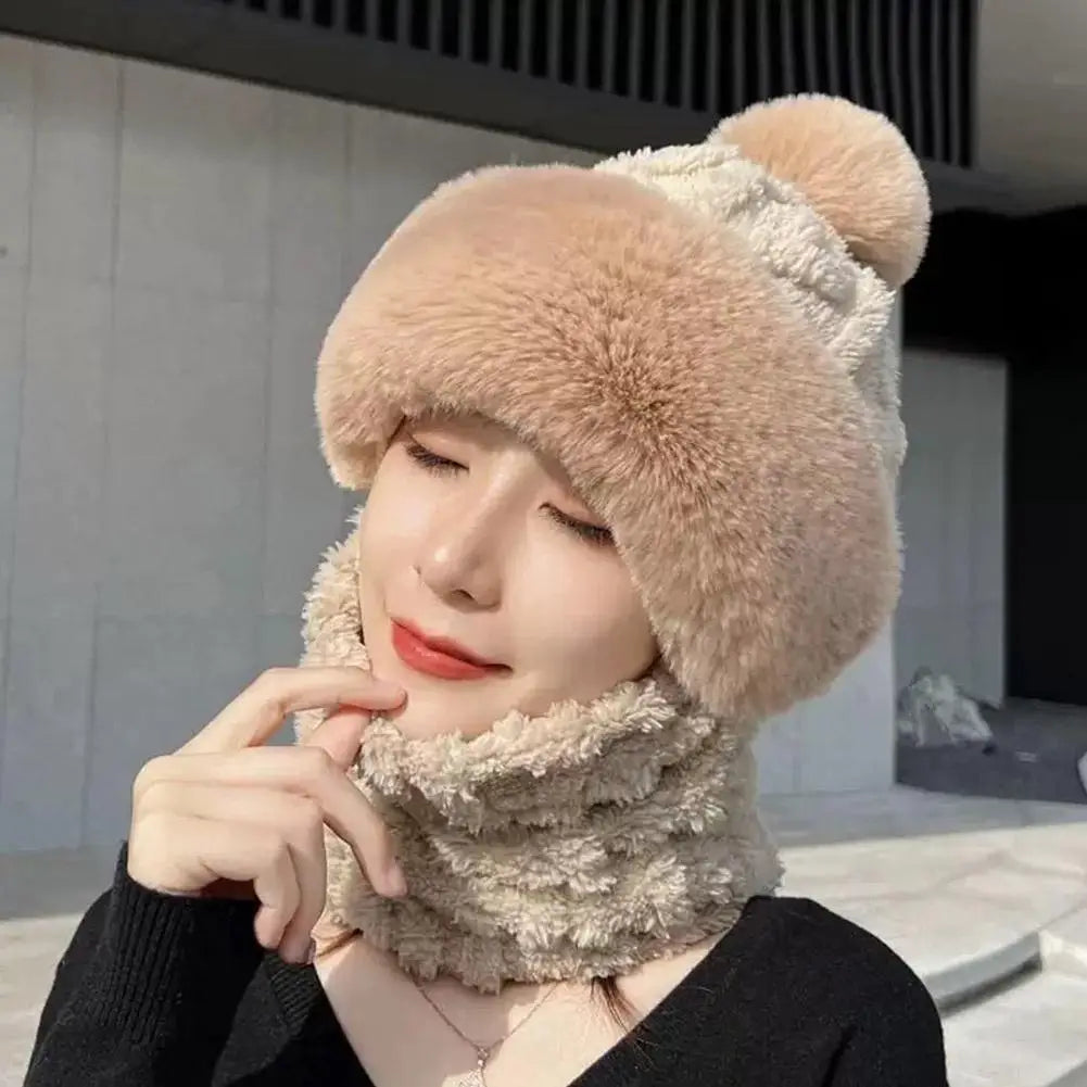 Winter Scarf Set Hooded Hat Set Women Plush Neck Warm Russia Outdoor Skiing Caps Windproof Plush Hat Thick Plush Fluffy Beanies Oasis Select
