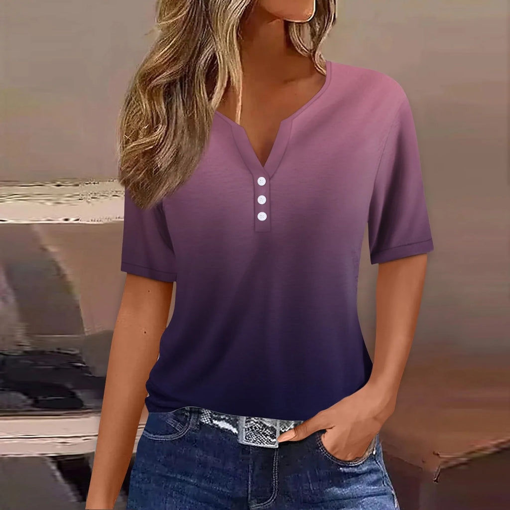 Women Summer Trendy Simple Casual Fashion Button T Shirt V Neck Short Sleeve Solid Loose Pullover Tops Plus Size Ropa De Mujer Oasis Select Dark Purple S