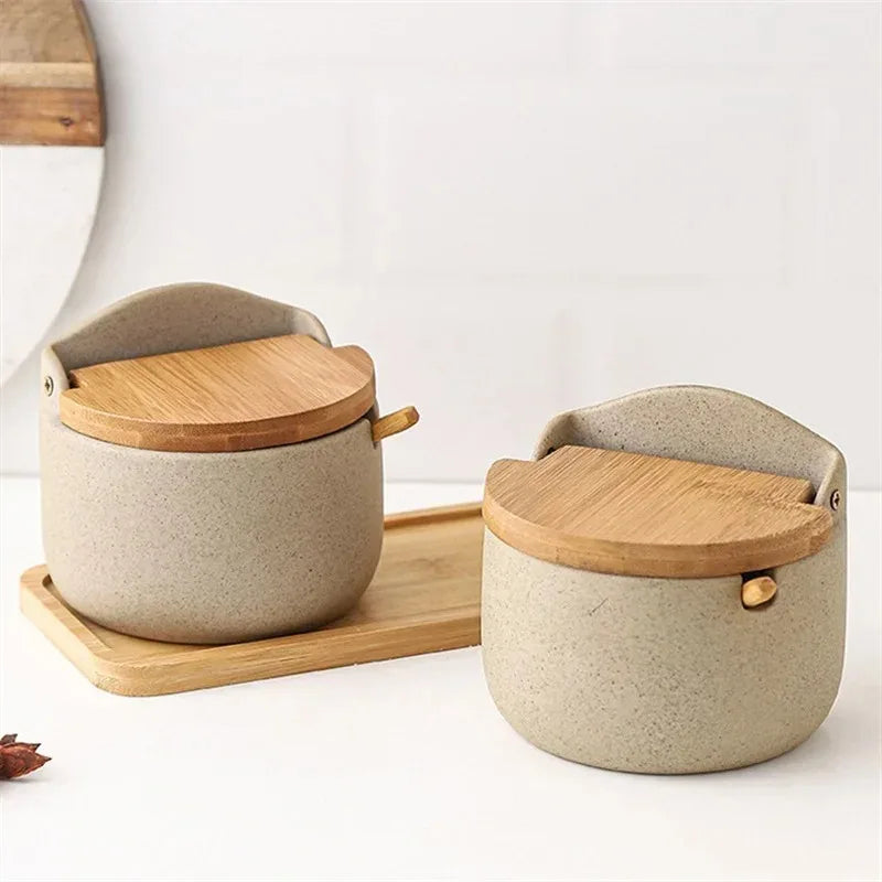 1pcs Ceramic Spice Jar with Bamboo Lid Spoon Japanese Style Seasoning Canister Salt Sugar Storage Container Kitchen Household Oasis Select