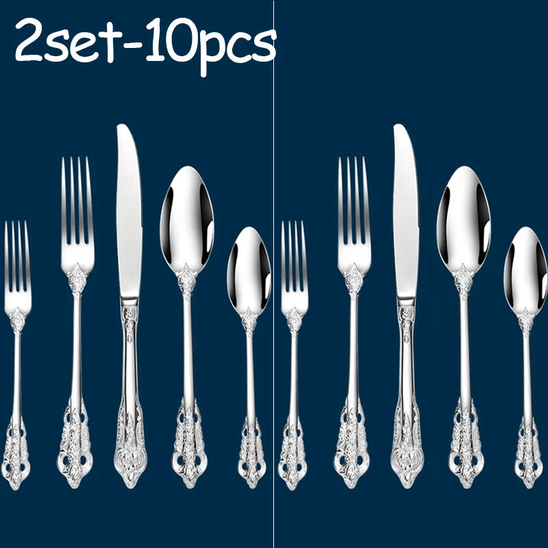 Stainless Steel Dinnerware Sets High-grade Knife Fork And Spoons Cutlery Kits Gold Plated Floral Pattern Tableware Dropship Oasis Select 2set silver
