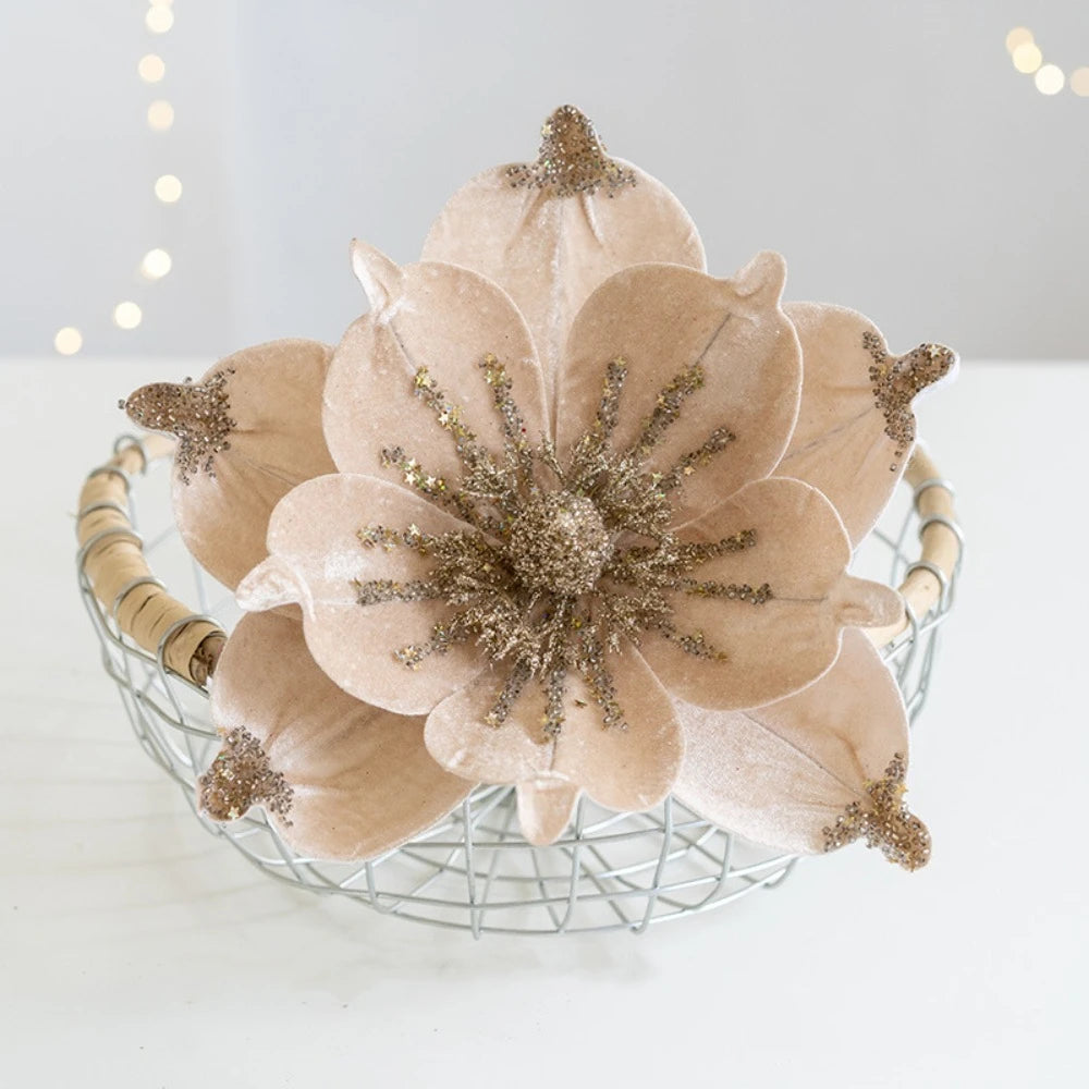 Christmas Artificial Poinsettia Glitter Flower Sequin Flannel Fake Flowers Photography Props Wedding Party Decoration Oasis Select Champagne