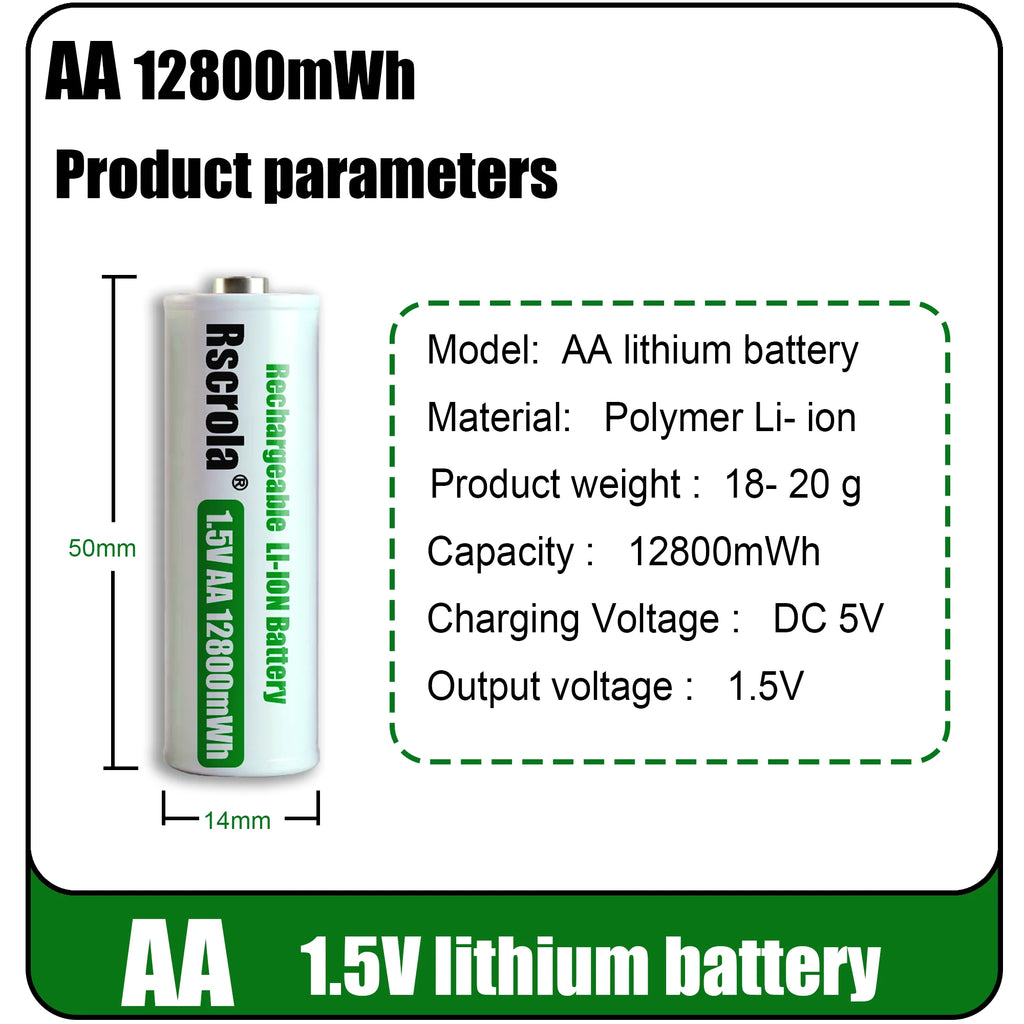 Universal Rechargeable 1.5V AA 12800mWh Lithium ion Battery Fast charging with Charger for Camare Clock Mouse Fan Electric Toys Oasis Select