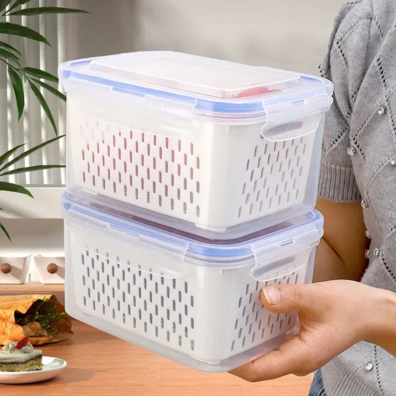 Food Storage Boxes Double-layer Refrigerator Food Fresh Sealed Box Vegetable Fruit Box Drain Basket Container Kitchen Organizer Oasis Select