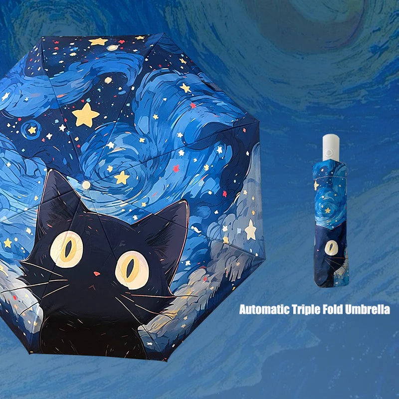Blue cartoon cat folding umbrella professional sun protection and UV protection umbrella suitable for sunny and rainy days. Oasis Select automatic 8K iron