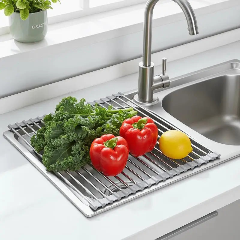 Rollable Foldable Rustproof Stainless Steel Sink Drying Rack Durable Dish Drain Holder for Kitchen Storage Organizer Oasis Select