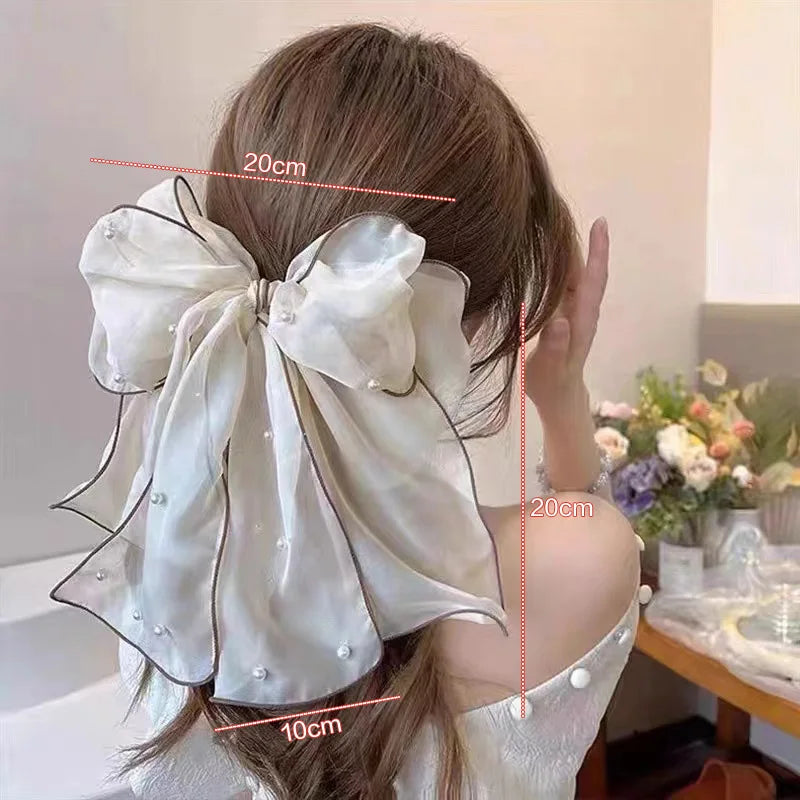Fashion Ribbon Pearl Bow Hair Clips For Women Elegant Chiffon Bowknot Ponytail Clip Pin Bows Barrette Sweet Headwear Accessories Oasis Select Beige