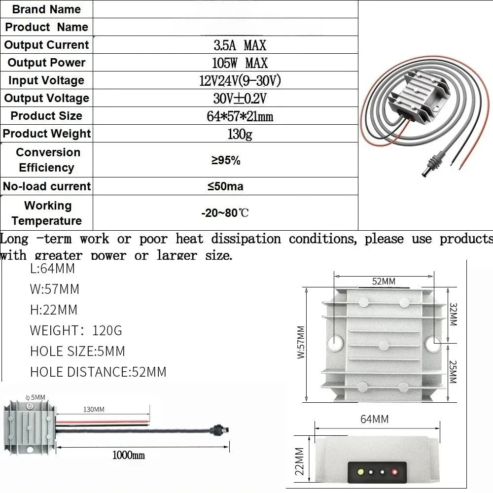 12V to 30V 3.5A 105W Power Supply 9V-30V Booster DC-DC Step-up Module with DC power cord Starlink Mini Step Up Power Cord Oasis Select