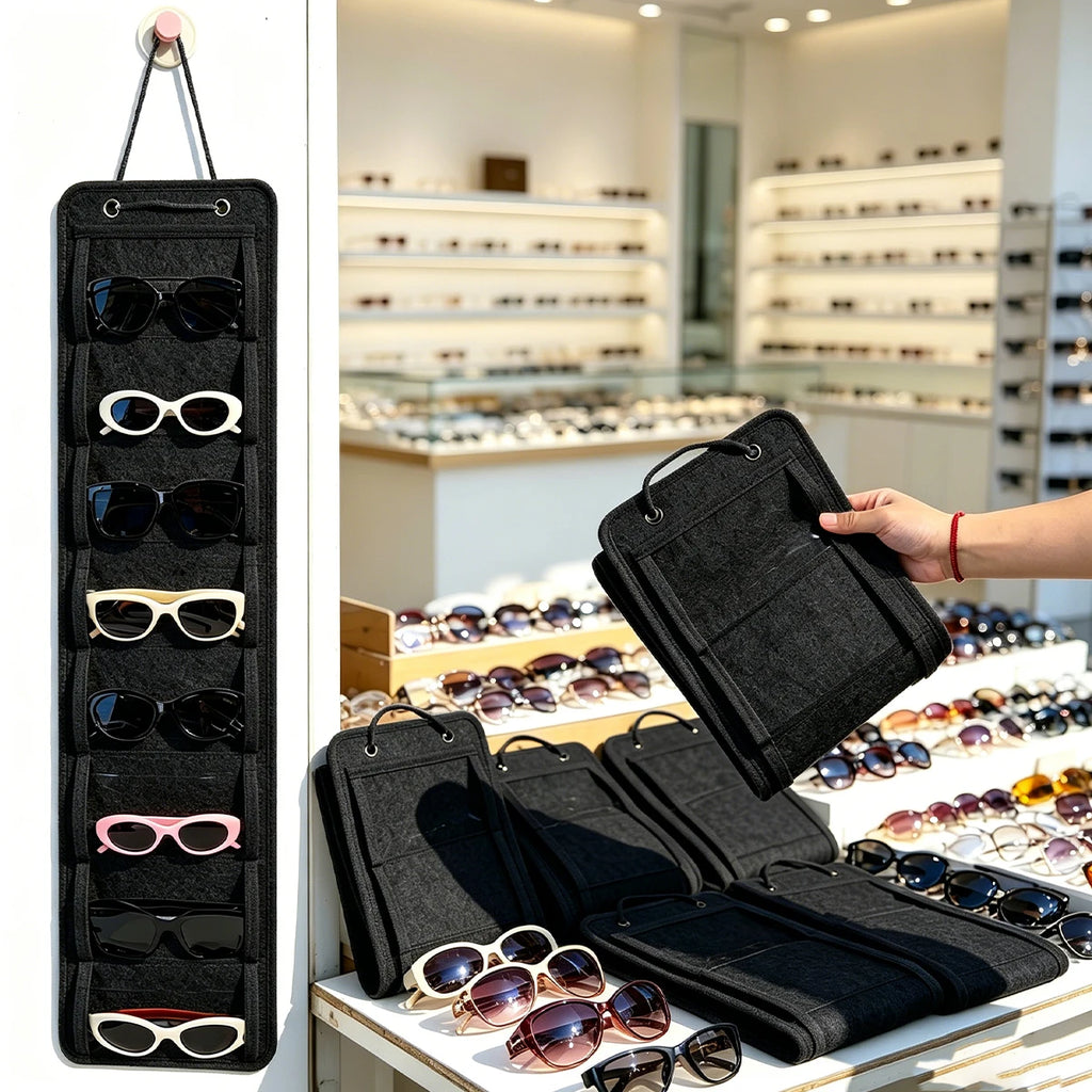 1pc foldable gray/black wall mounted storage bag 8 compartments storing felt glasses storage portable display storage rack Oasis Select