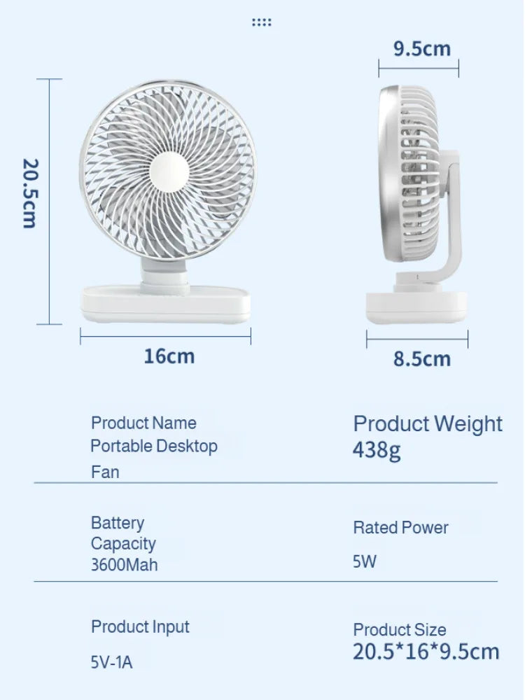 360° Oscillating USB Rechargeable Desktop Fan – 4-Speed