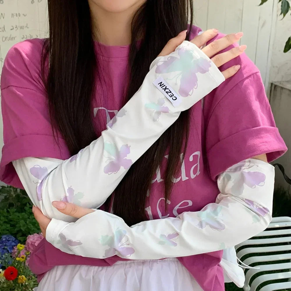 1 Pair Lightweight Sun Protection Arm Covers Loose Fit Cool Ice Silk Arm Guard Cuff Polyester Solid Color Ice Sleeve Oasis Select Purple 2