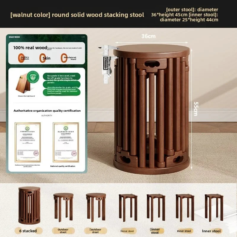 Household stools can be stacked solid wood round stools stacked low stools with pulleys wooden stools sturdy and durable Oasis Select Walnut-6