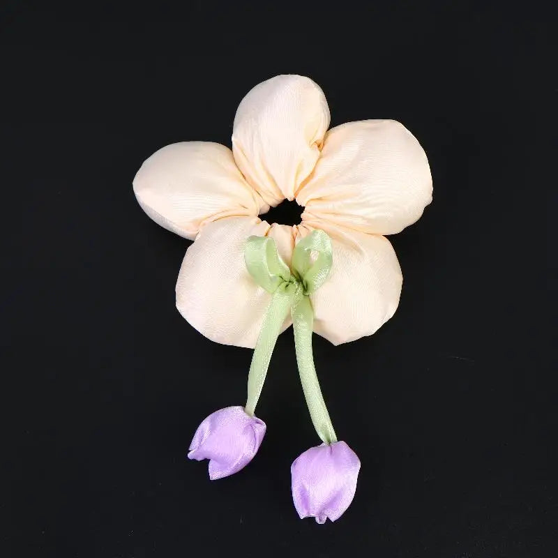 Cute Candy Color Flower Hair Tie Scrunchie Soft Fabric Elastic Ponytail Holder Lovely Hair Accessories For Girls Women Gift Oasis Select 1PC Beige