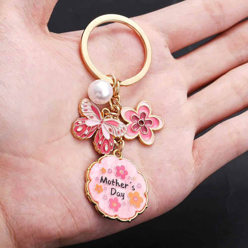 Drop Oil Pink Butterfly Flowers Pearl MOTHER'S DAY Keychain Accessory Pendant Mother's Holiday Gift Key Chains for Women Oasis Select