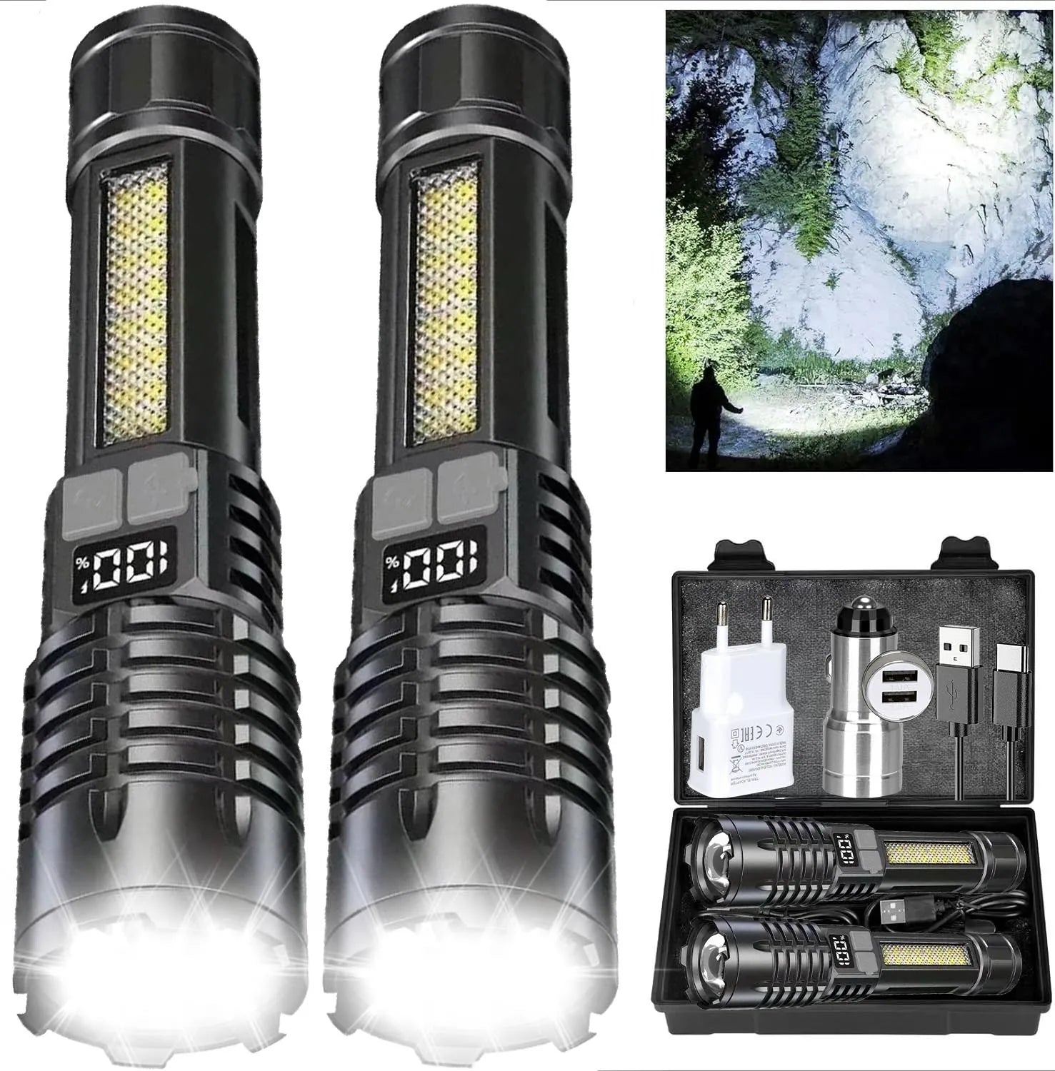 High Power LED Flashlights with Display Screen Portable Rechargeable Zoom Tactical Torch Lamp with Emergency Side Lights Lantern Oasis Select