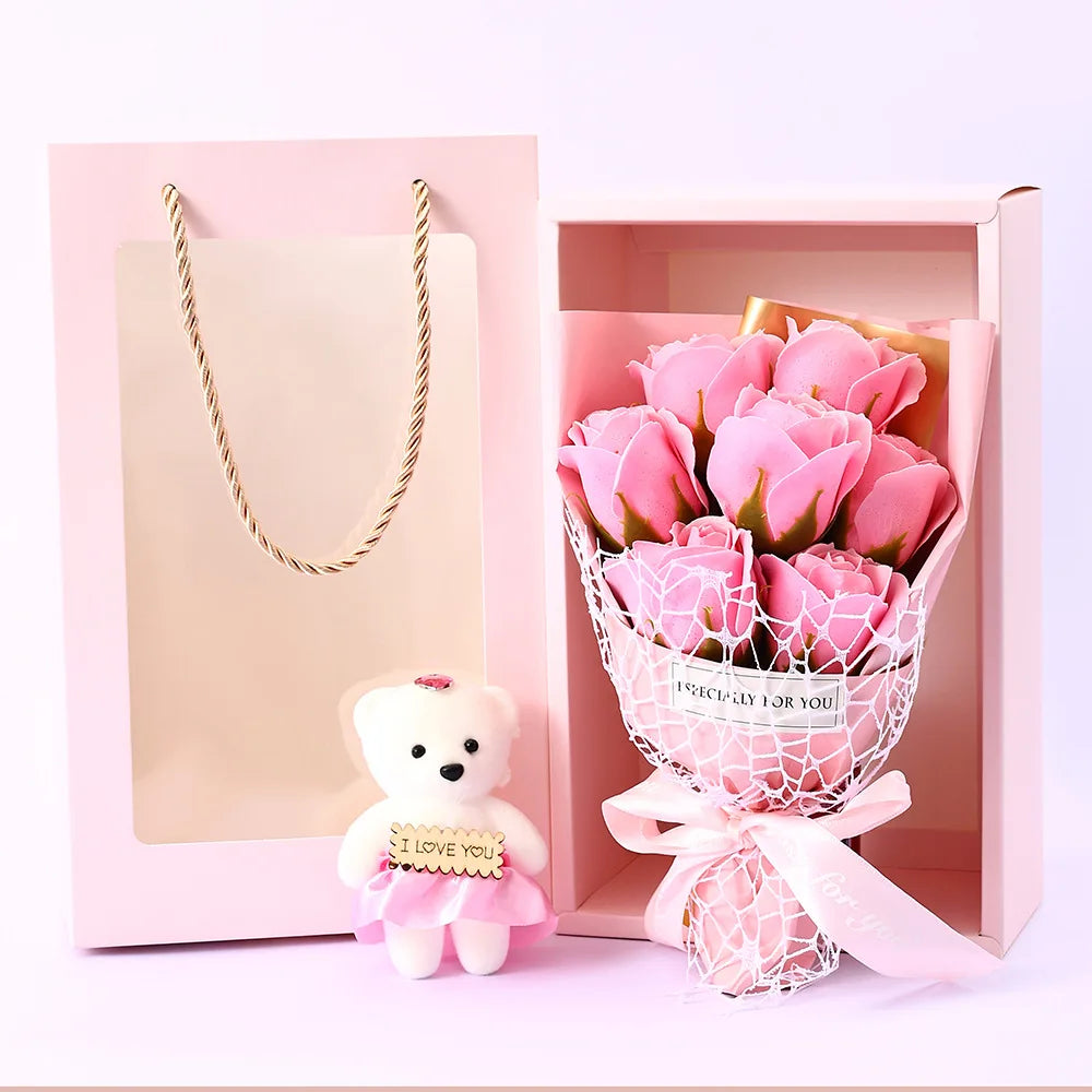 Romantic Fake Rose Bouquet in Gift Box with Cute Teddy Bear Premium Soap Flower Arrangement Perfect Gift for Valentine's Day Oasis Select B