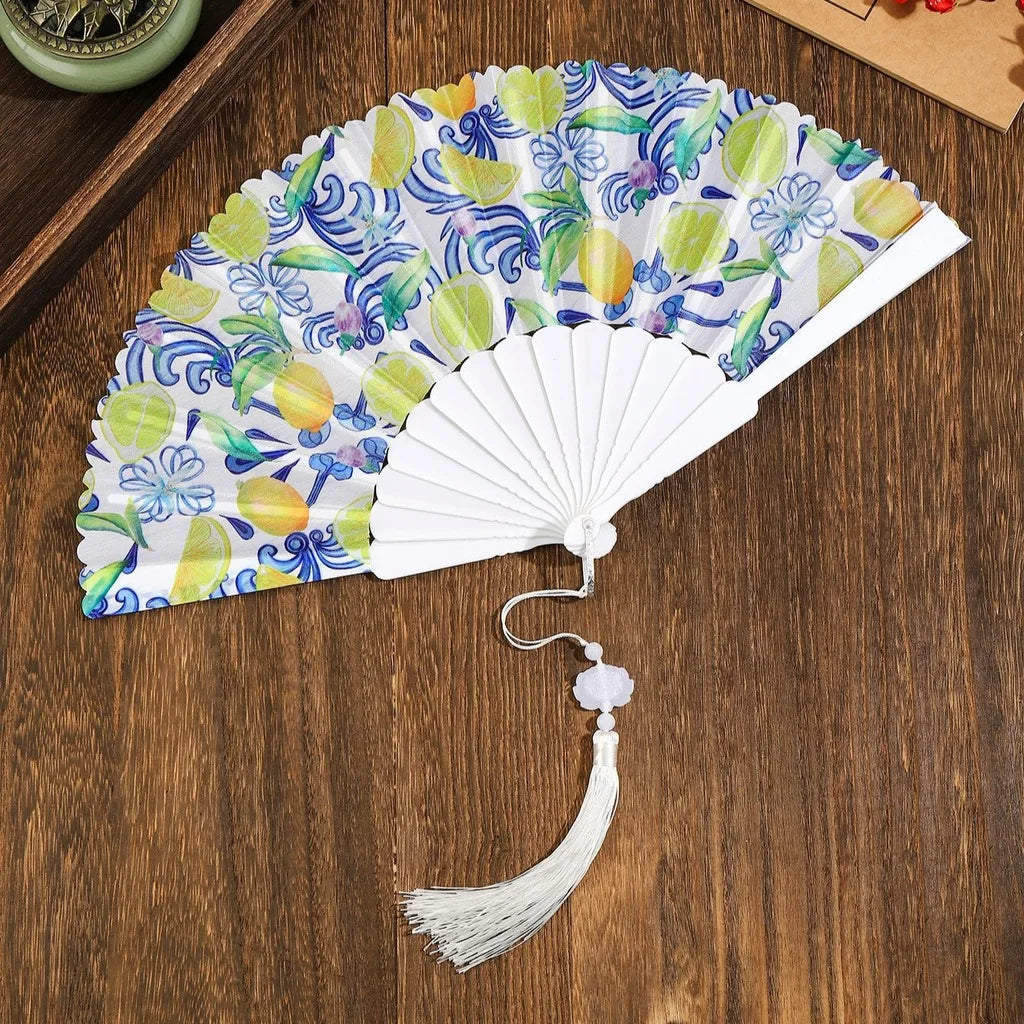 Portable Fruit Pattern Folding Hand Fan Plastic Frame Fabric Fan With Tassel Summer Cooling Fans Dance Performance Home Decor Oasis Select