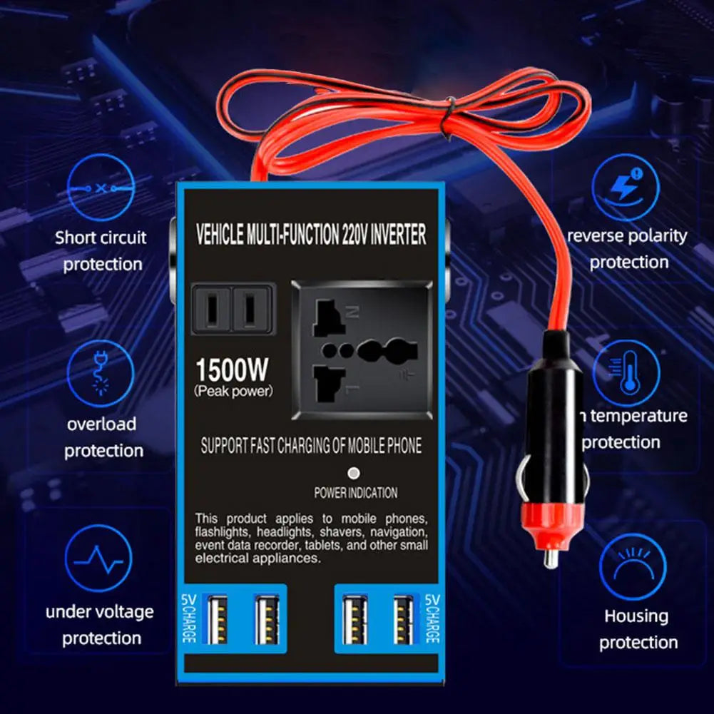 1500W Car Power Inverter 12V/24V to 220V – 4 USB & AC Ports
