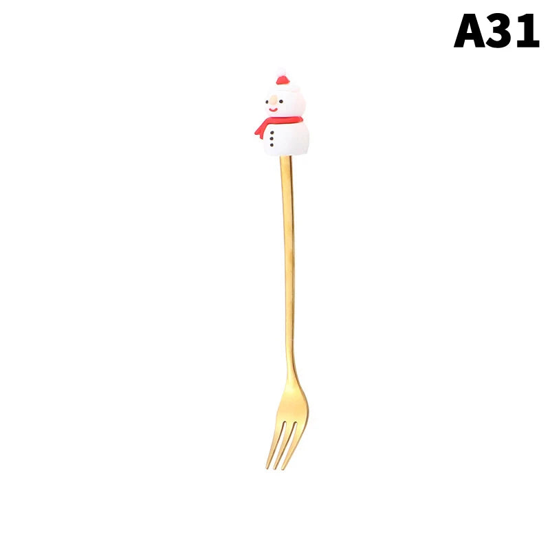 Stainless Steel Christmas Dessert Spoons Cake Forks Cartoon Tree Elk