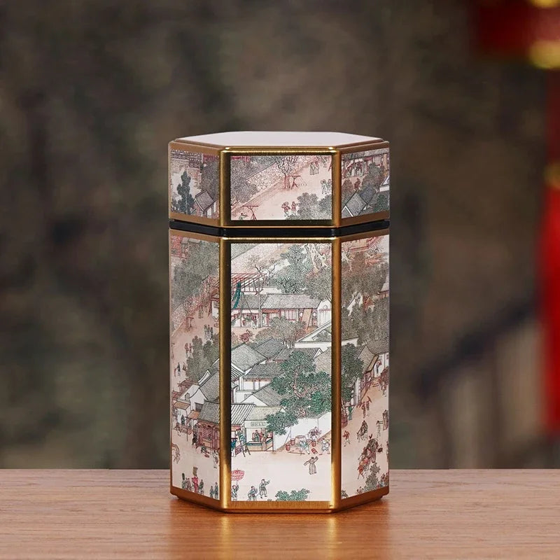 Creative Hexagonal Tea Pot Tin Can Chinese Tinplate Tea Storage Tank Small Sealed Portable Tea Box Empty Can Tea Set Accessories Oasis Select StyleA L