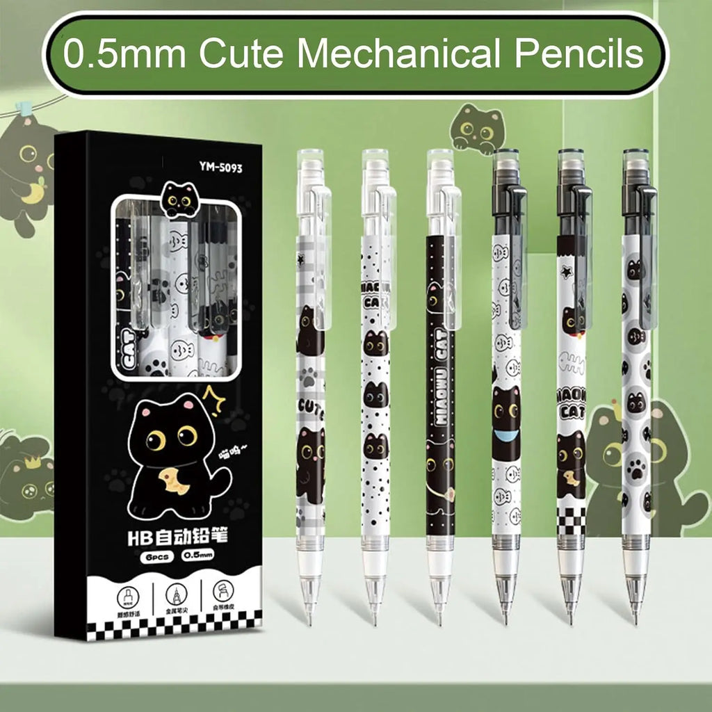 6pc Cute automatic pencil with eraser, 0.5mm lead, featuring a cartoon black cat design, suitable for students, boys, and women. Oasis Select