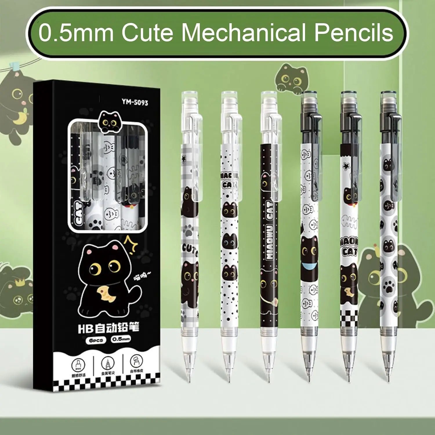 6pc Cute automatic pencil with eraser, 0.5mm lead, featuring a cartoon black cat design, suitable for students, boys, and women. Oasis Select