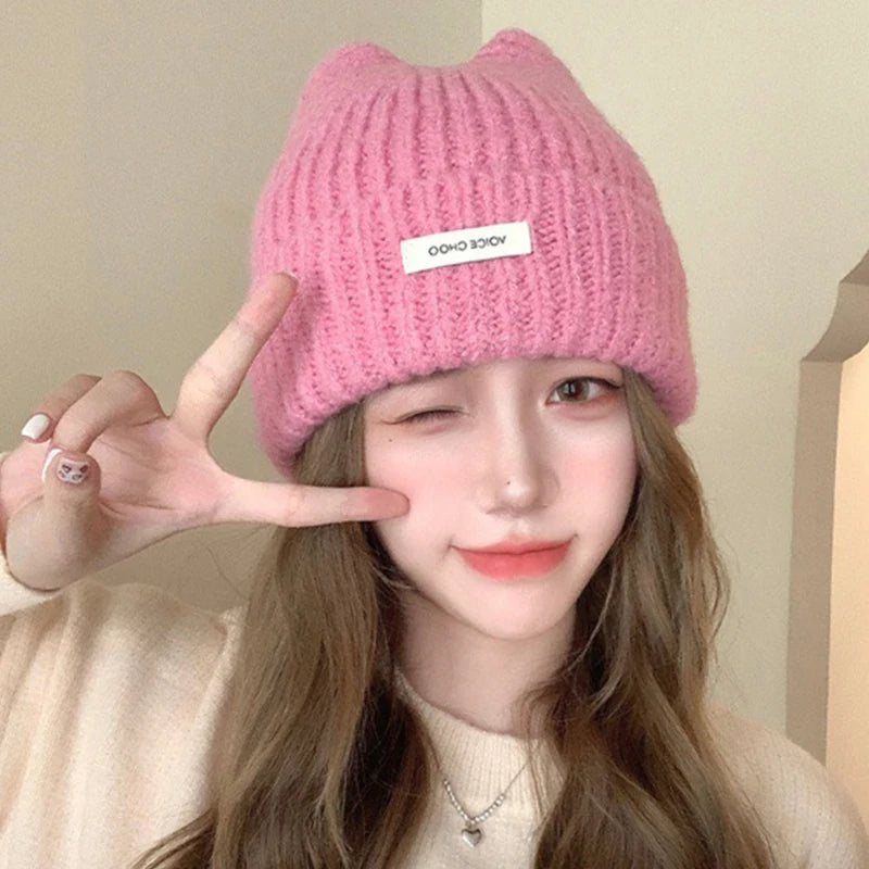 Cat Ear Knitted Beanie – Korean Style Winter Hat for Women