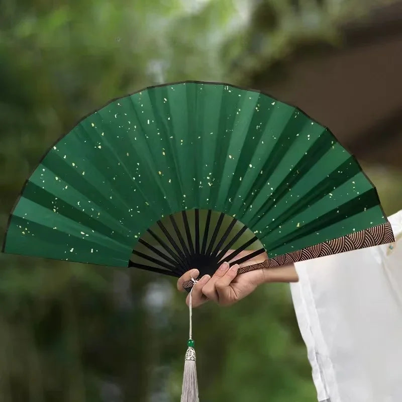 Cloud Pattern Fine Carved Rice Paper Folding Fan Black Sprinkled Gold Silk Cloth Antique Sea Wave Pattern China-Chic Fan Oasis Select