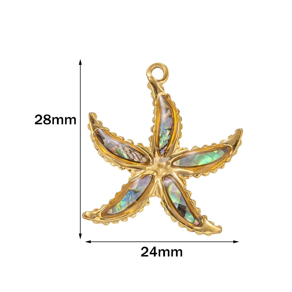 2PCs Ocean Series 304 Stainless Steel & Shell Charms For DIY Jewelry Making Gold Color Sea Turtle Animal Conch Pendant Necklace Oasis Select Starfish BE 24x28mm