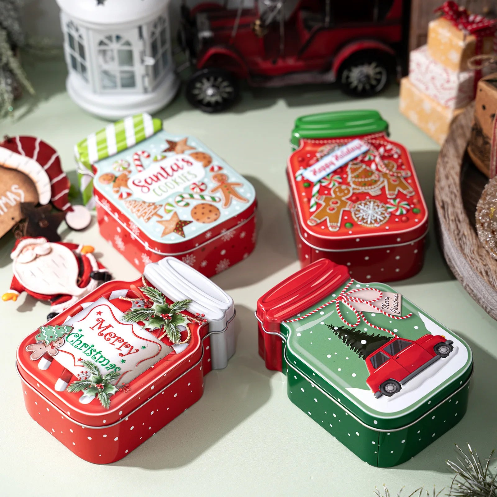 Christmas Tin Box Candy Cookie Box Biscuit Chocolates Gift Metal Tin Box with Lid Containers for Xmas Party Decor Supplies Oasis Select
